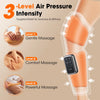 A device for air pressure massage is shown on a person's calf, demonstrating three levels of intensity.