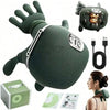 A dark green 4D shiatsu neck and shoulder massager with a heat feature shown alongside its components.