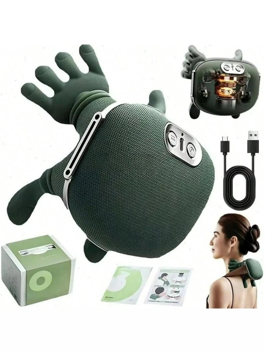 A dark green 4D shiatsu neck and shoulder massager with a heat feature shown alongside its components.