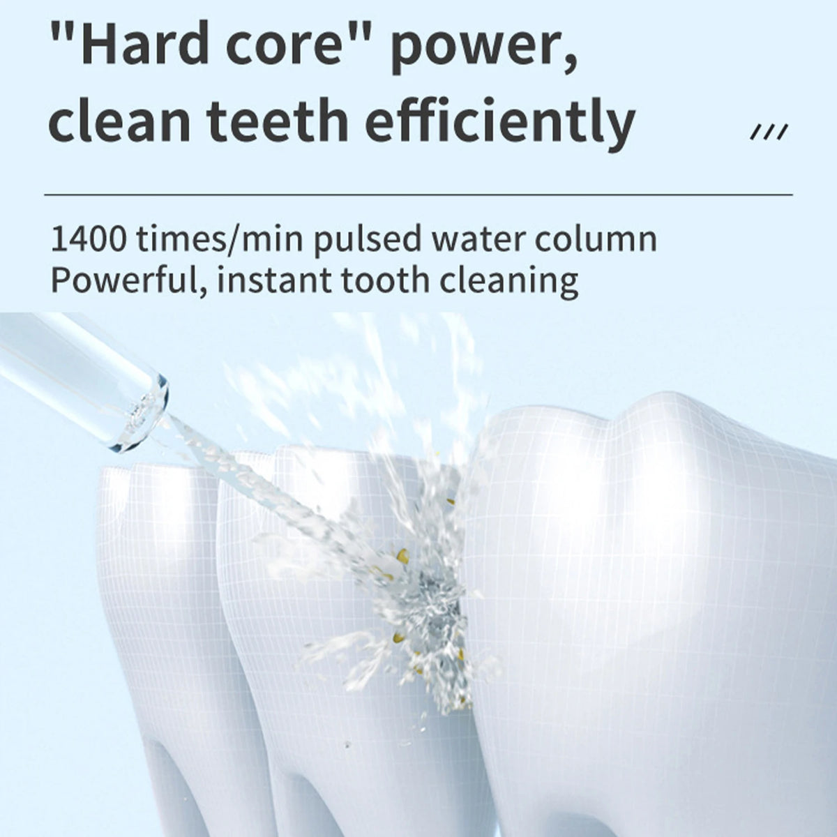 A close-up of a portable dental water flosser is shown cleaning teeth with a pulsed water column.