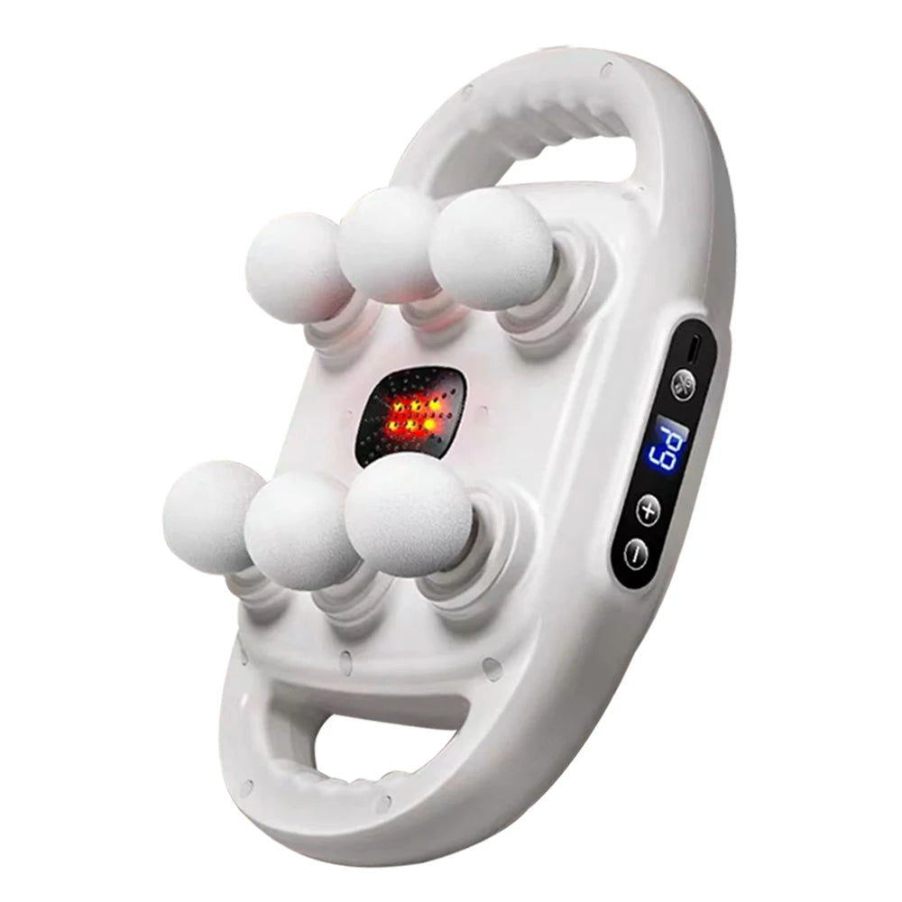 Weiße professionelle Hochfrequenz-Massagepistole mit mehreren Massageköpfen und einem Ein-/Ausschalter.