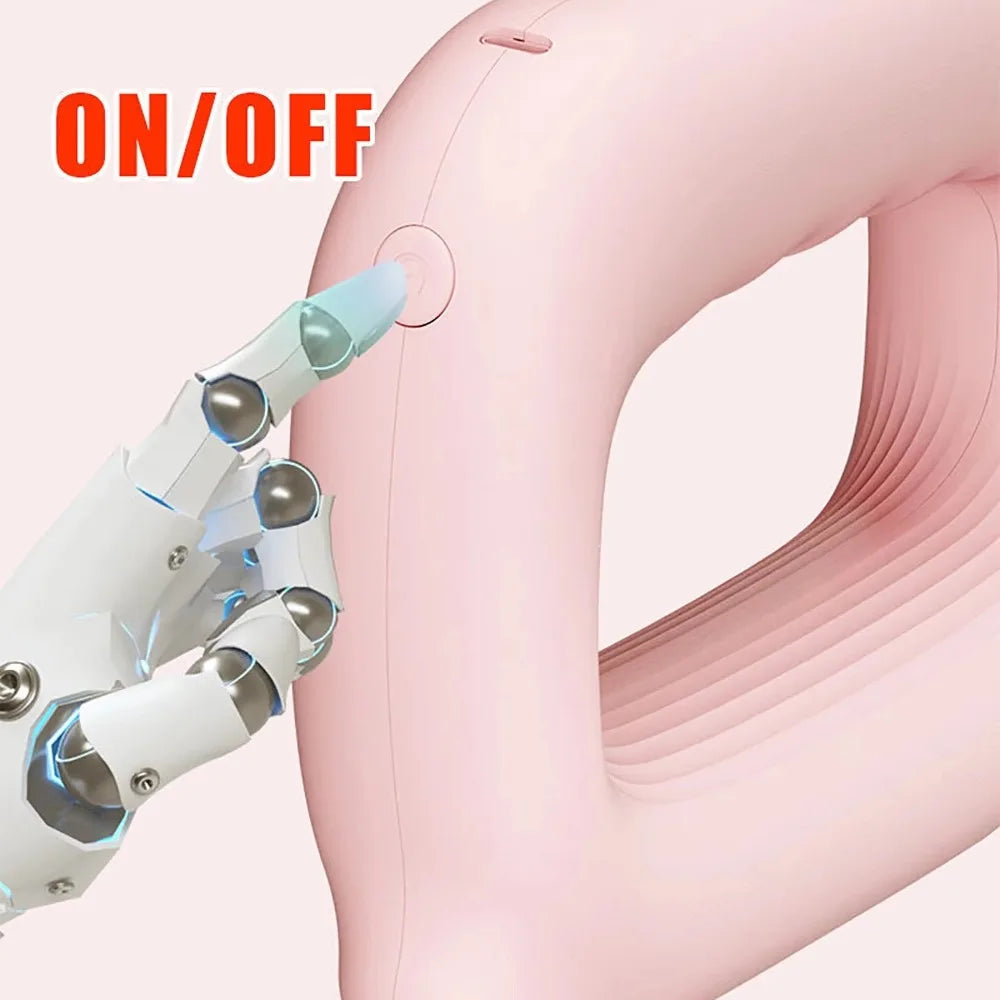A pink portable electric fascia massager belt with an on/off switch and a white attachment shown in close-up.