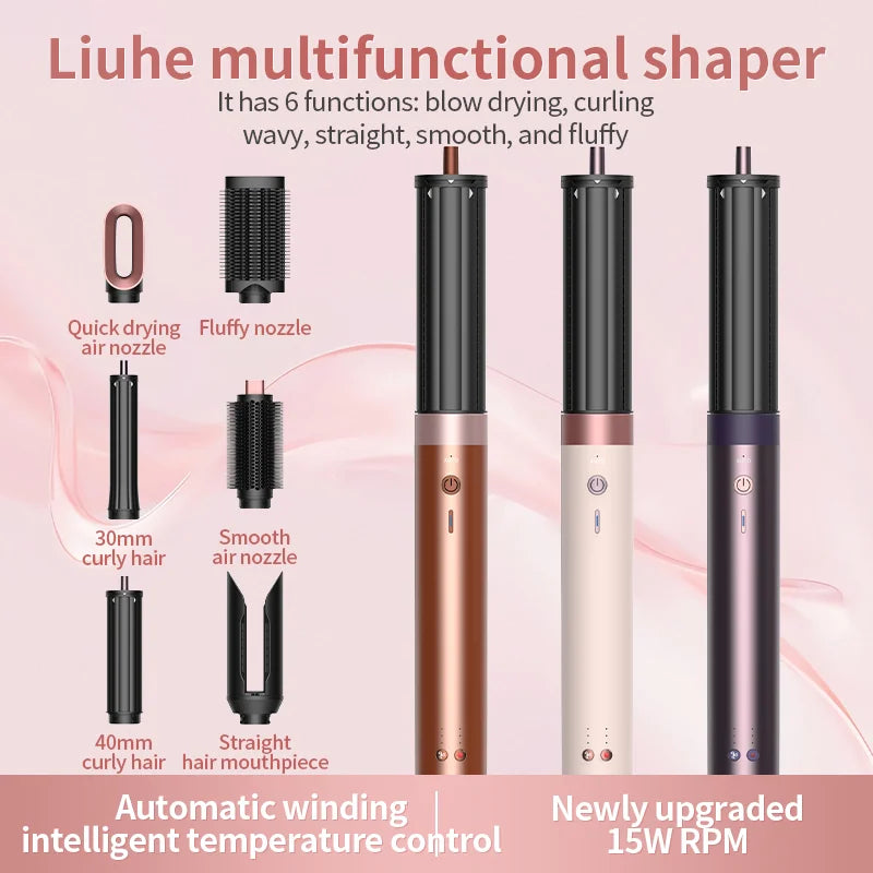A set of six functions for a multifunctional hair shaper tool in various colors and sizes.
