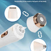 A white electric hair trimmer head is shown with interchangeable components and a replacement head.