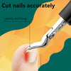A close-up of a hand using a stainless steel nail clipper to cut a pointy and long toenail.