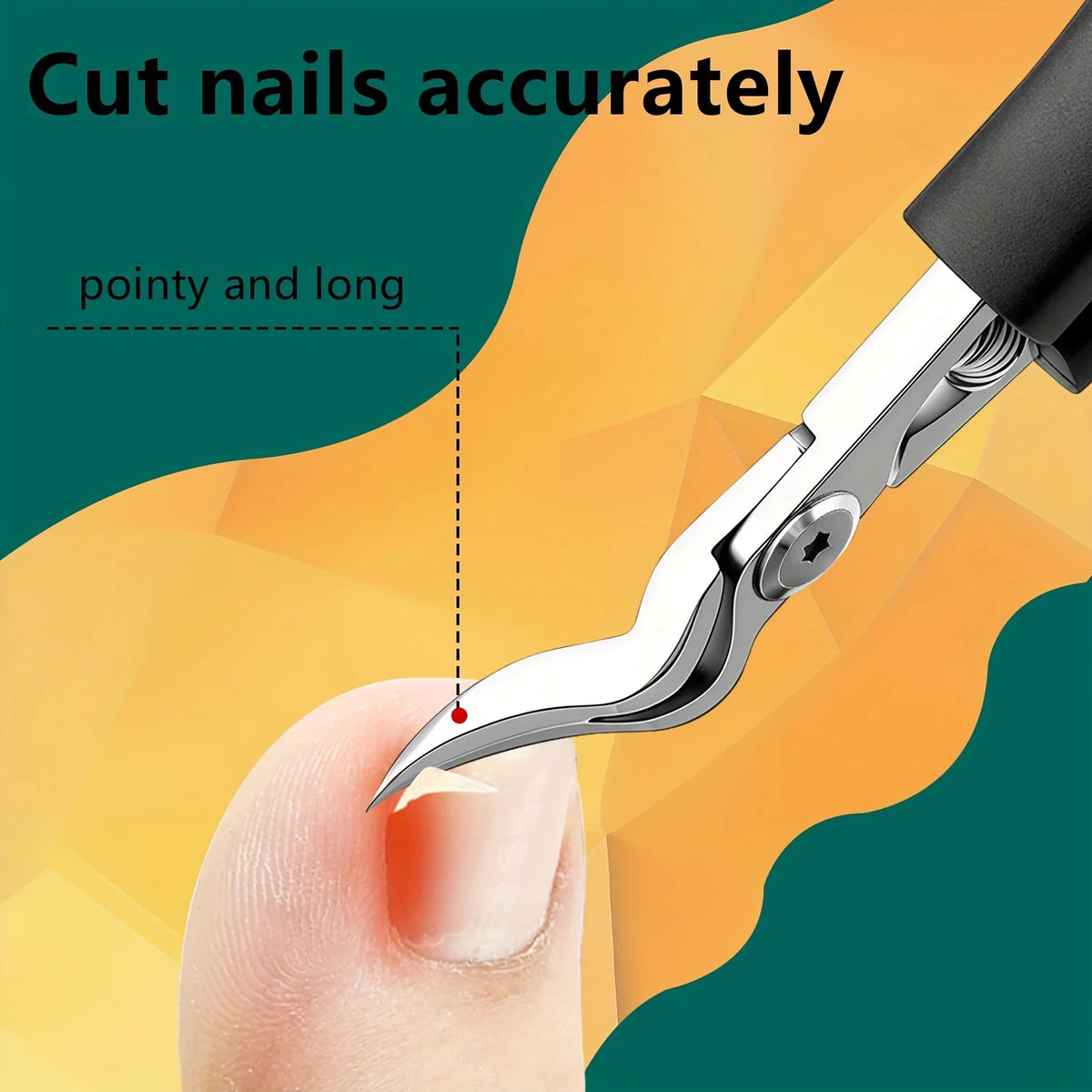 A close-up of a hand using a stainless steel nail clipper to cut a pointy and long toenail.