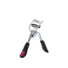 Stainless steel eyelash curler with a precision comb and black handles.