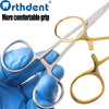 A hand wearing a blue glove holds a pair of professional stainless steel dental hemostatic forceps.