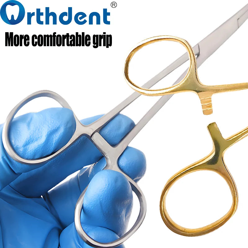 A hand wearing a blue glove holds a pair of professional stainless steel dental hemostatic forceps.