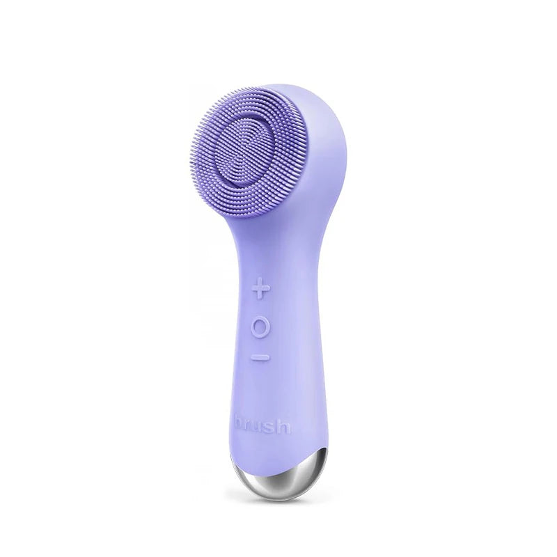 A purple 360° rotating USB facial cleansing brush with a silicone head and a silver base.