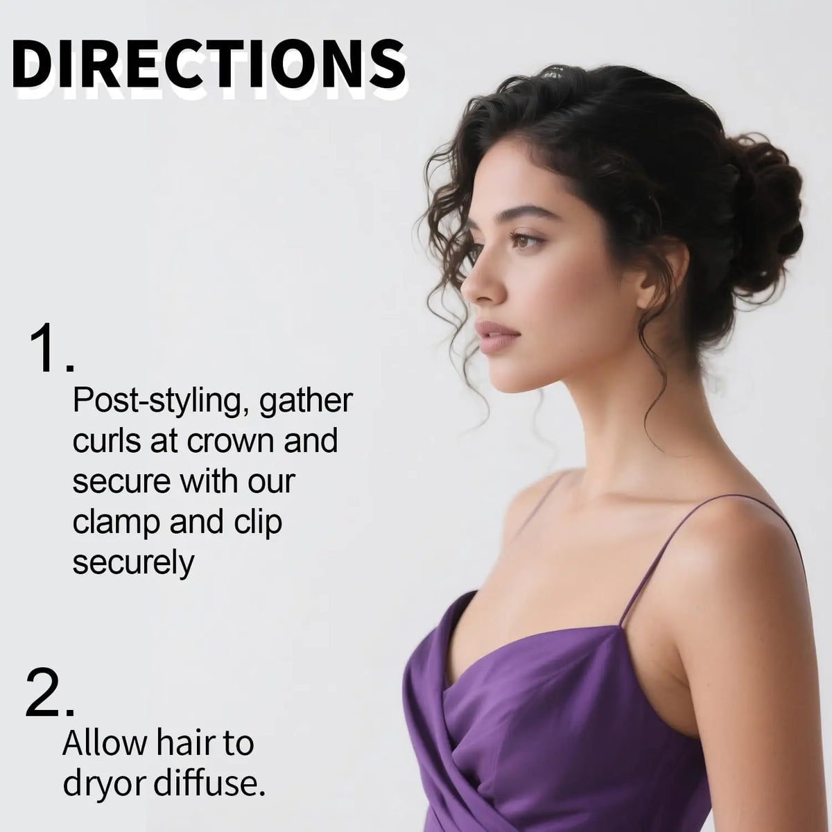 A woman with dark curly hair is shown in a close-up, demonstrating two steps for styling hair using lifting clips and a diffu