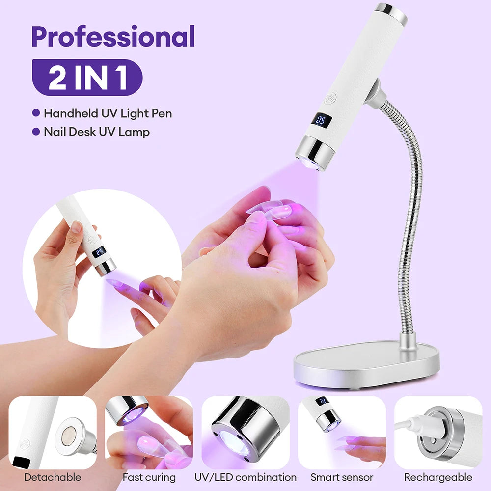 A professional 2-in-1 UV nail lamp is shown with various components including a handheld pen, desk lamp, and rechargeable fea