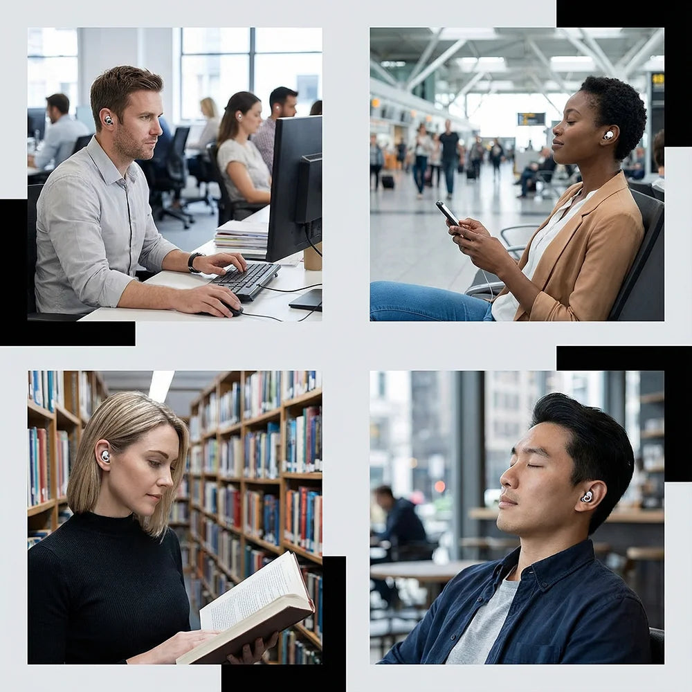A collage of people using silicone noise-cancelling earplugs in various contexts like working, commuting, and reading.