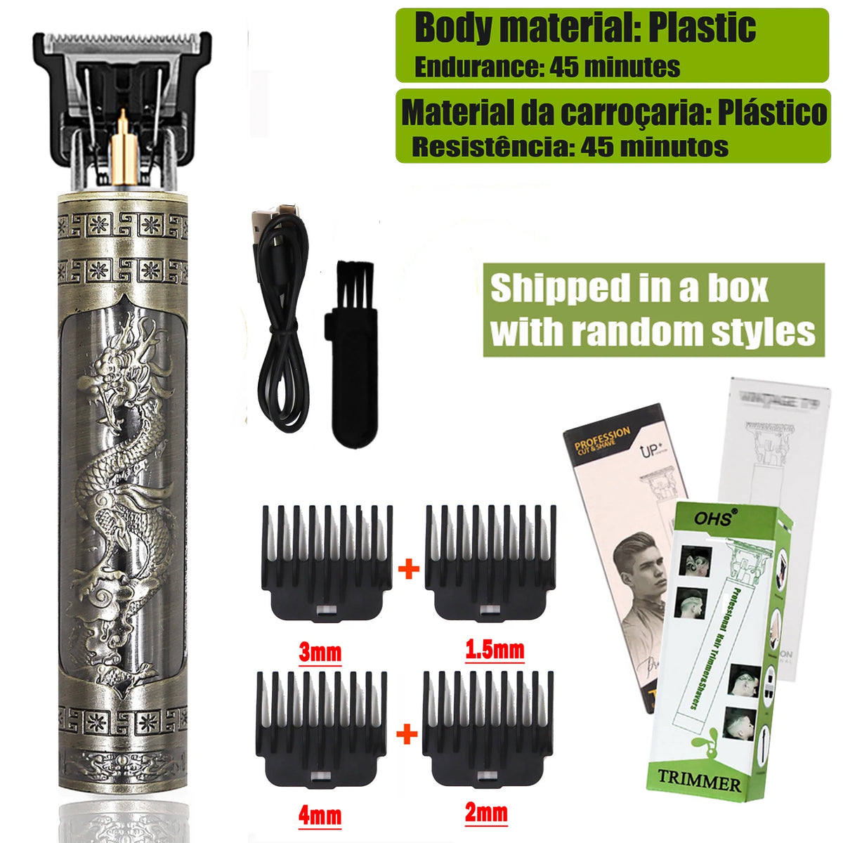 A set of professional electric hair clippers and beard trimmers with various guard sizes shown alongside the main unit.