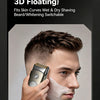 A man is using a portable electric foil shaver on his face, demonstrating smooth shaving.