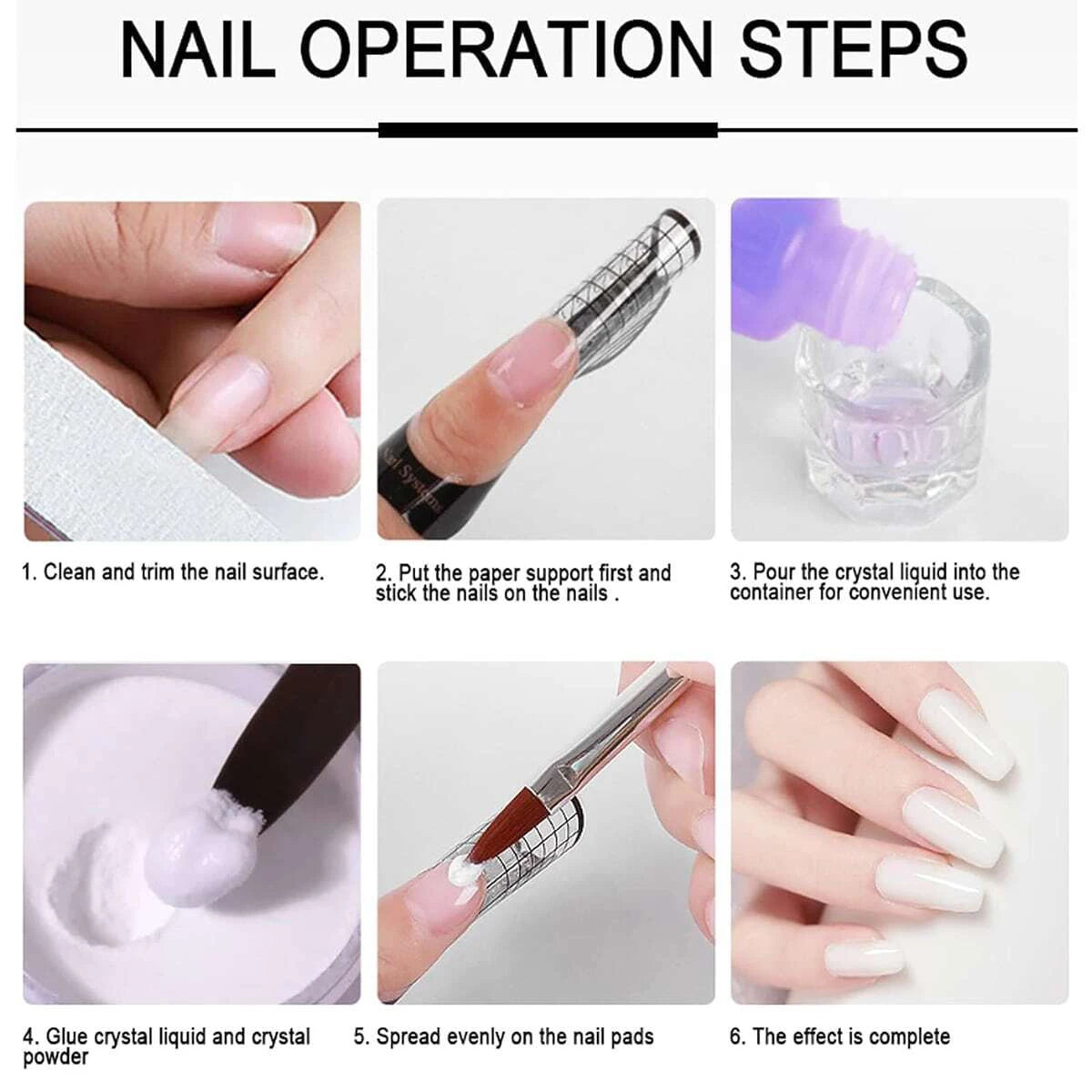 Six steps demonstrating how to perform a nail operation using acrylic powder, liquid, and brush.