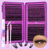 A purple DIY lash extension kit with pink tools and numerous synthetic lashes displayed next to an eye.