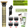A vertical metal electric hair clipper with various guard attachments shown alongside the product box.