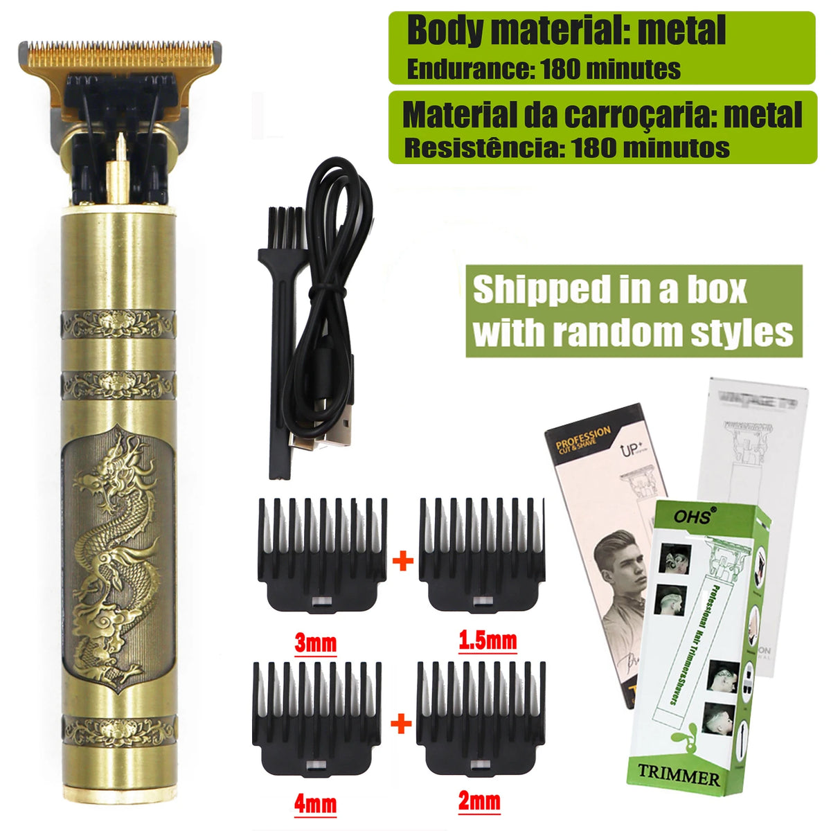 A vertical metal electric hair shaver trimmer with various guard attachments shown next to the product.