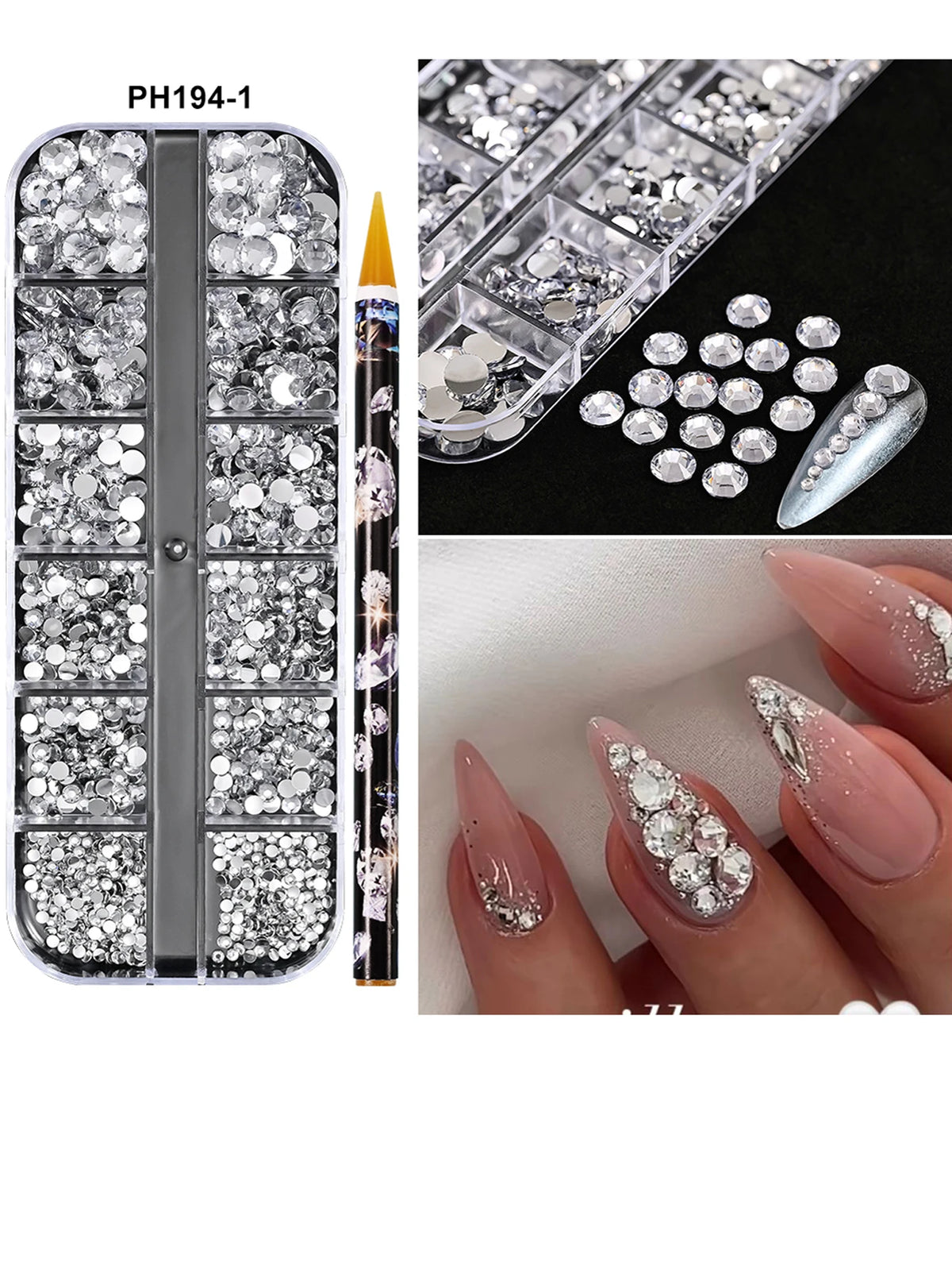 Un set de strass pour ongles résine PH194-1, incluant un plateau et un pinceau applicateur.