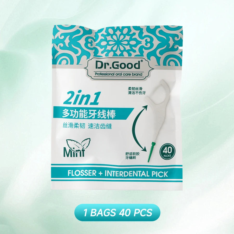 A package of Dr.Good 2in1 Flosser and Interdental Pick dental care tools in a clear plastic bag.