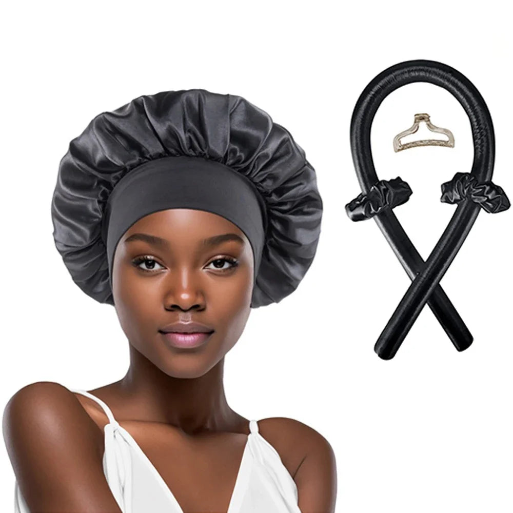 A woman models a black satin heatless curling rod headband and bonnet set.
