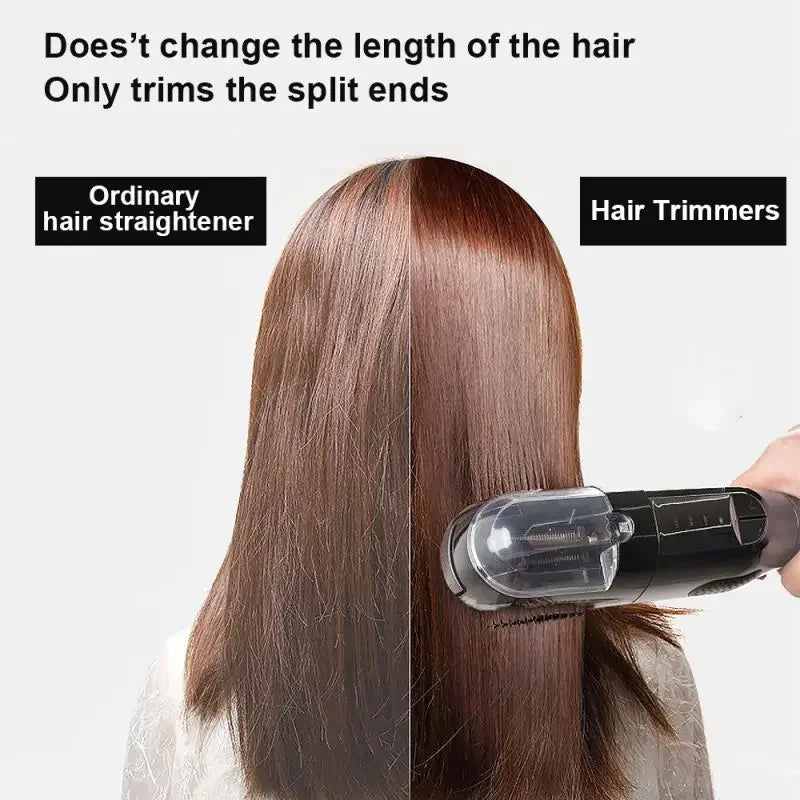 A close-up view of a professional cordless hair trimmer being used on the back of a person's hair.