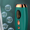 A teal electric IPL hair removal instrument is shown against a blurred background, highlighting its design and function.