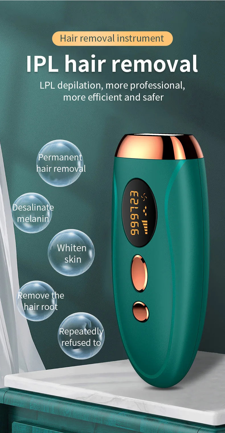 A teal electric IPL hair removal instrument is shown against a blurred background, highlighting its design and function.