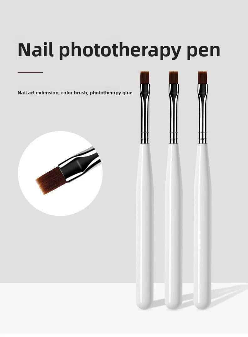 Un set de stylos de photothérapie pour ongles avec poignées noires et pointes brosse, présenté sur un fond gris clair.