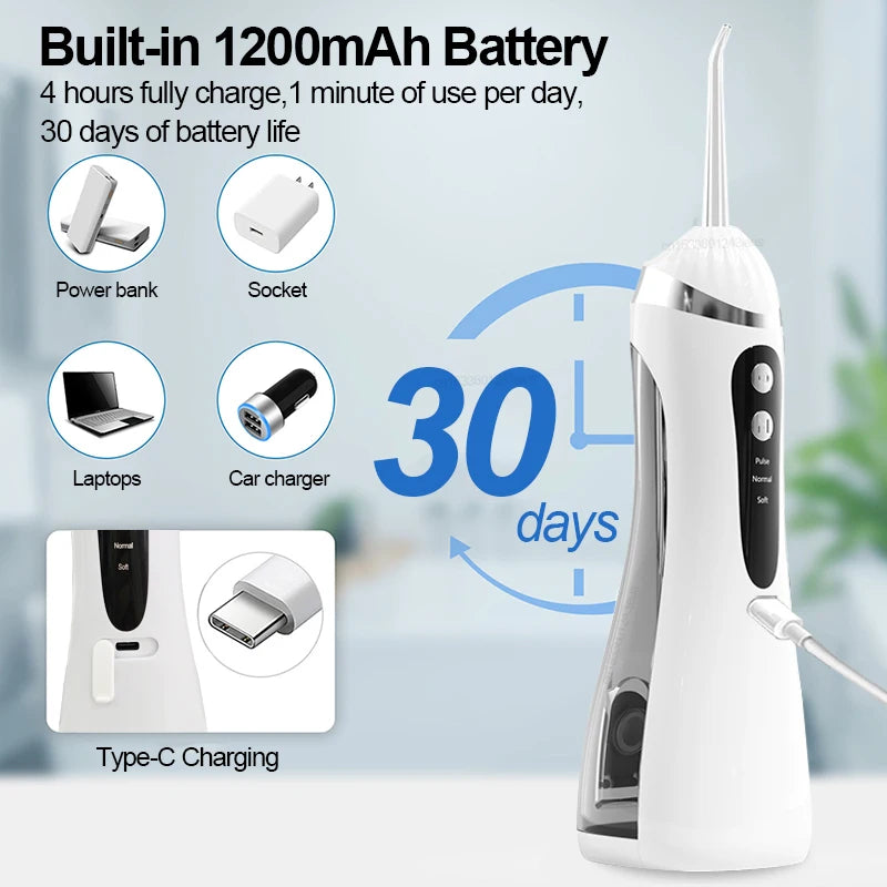 A white portable oral irrigator device with a built-in 1200mAh battery and various charging options is shown.