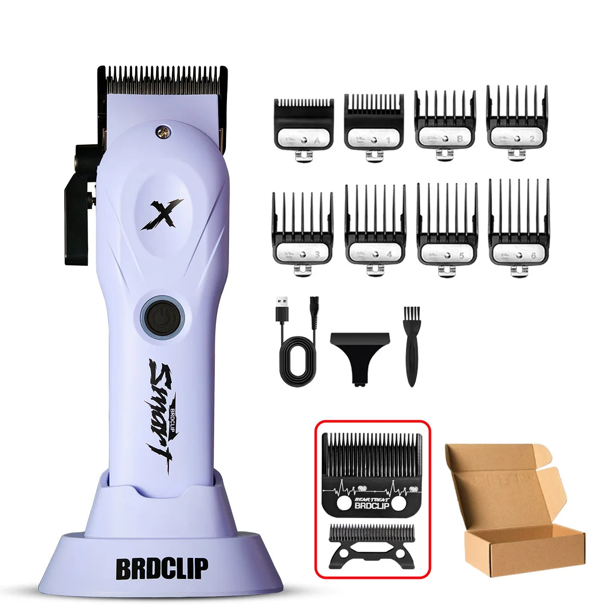 A purple BRDCLIP hair grooming kit with multiple combs and tools displayed on a white background.