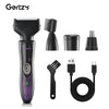 A black 4-in-1 electric shaver set including a body shaver, beard trimmer, and grooming brush.