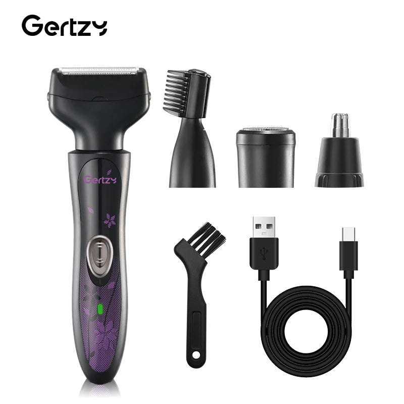 A black 4-in-1 electric shaver set including a body shaver, beard trimmer, and grooming brush.