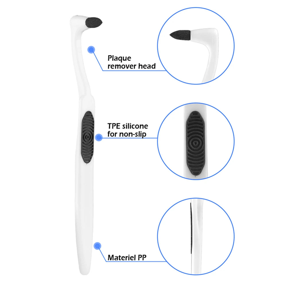 Diagram showing the components of a manual tooth stain remover including the head, non-slip silicone, and PP material.