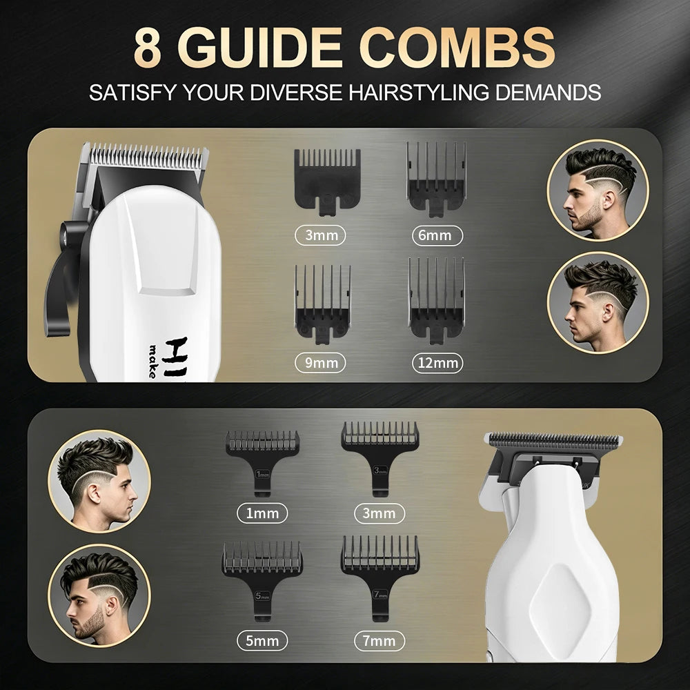 Set aus acht Führungsbürsten für ein professionelles kabelloses Haarschneidemaschine-Kit, zeigt verschiedene Größen und Anwen