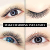 Close-up images showing various styles of premade volume eyelash extensions on a female eye.