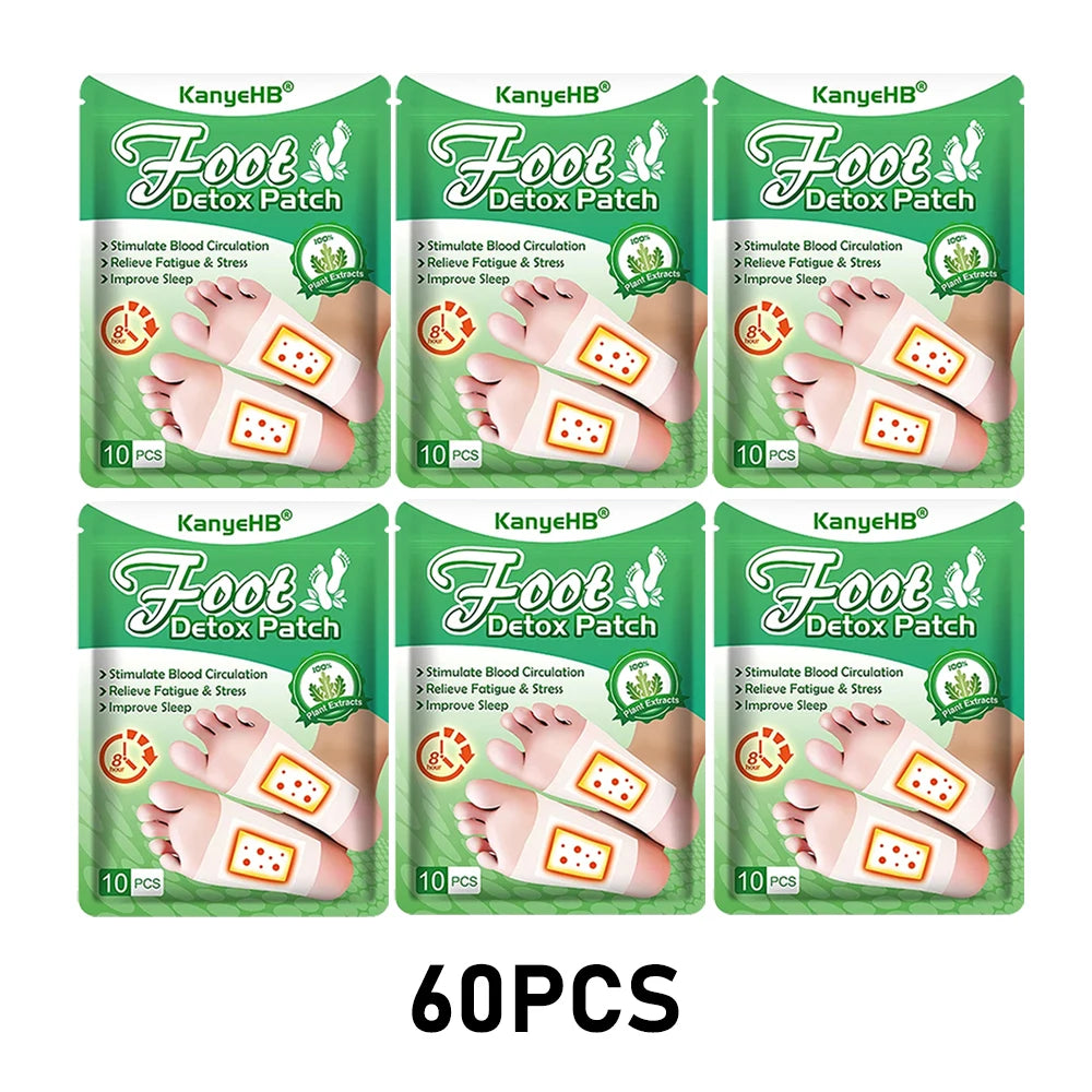 Pack of 60 detox foot patches for stress relief and detoxification in green packaging
