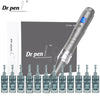 A silver Dr.pen Ultima M8 wireless microneedling device shown alongside multiple glass cartridges.