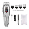 A set of Kemei professional electric hair clippers with various guard attachments and a replacement comb.