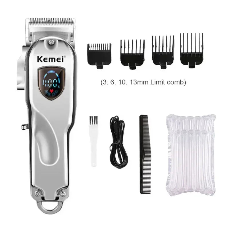 A set of Kemei professional electric hair clippers with various guard attachments and a replacement comb.