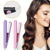 A woman is shown using a pink mini portable flat iron hair straightener and curler tool.
