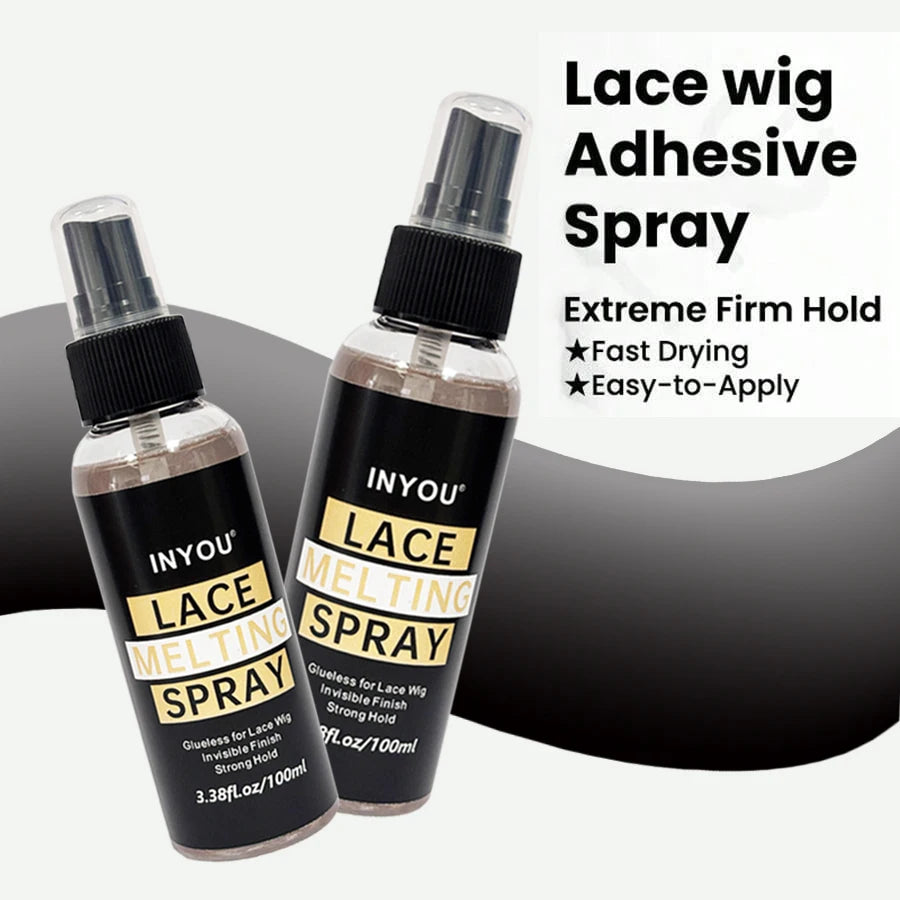 A bottle of Inyou Lace Melting Spray for lace wigs with instructions on the label.