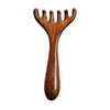 A wooden sandalwood massager comb set with five curved teeth.