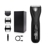 A black professional body and personal hair trimmer with a detachable guard and charging cable.