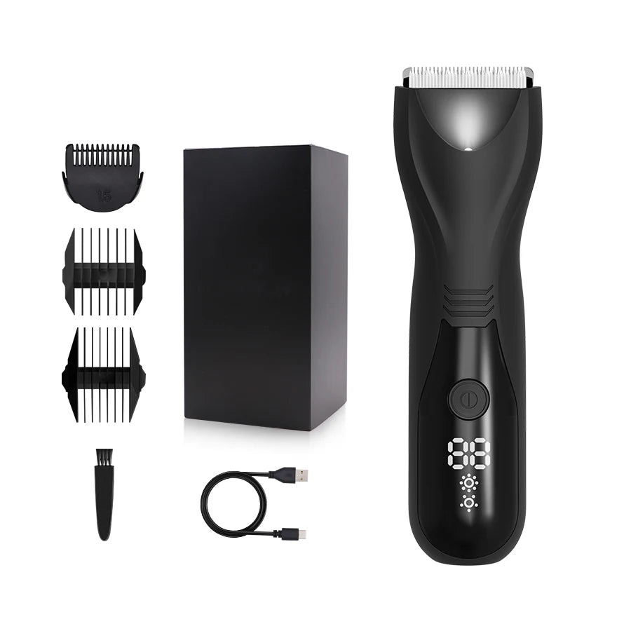 A black professional body and personal hair trimmer with a detachable guard and charging cable.