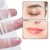 A hand applies a clear protective film to lashes and brows, showing close-ups of the application process.