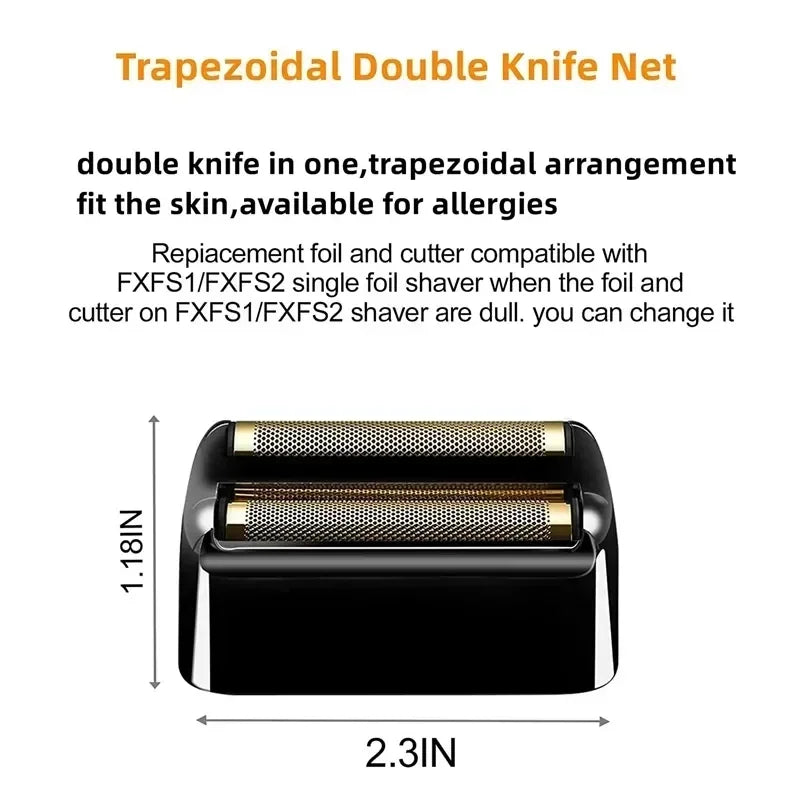 A trapezoidal double knife net replacement foil and cutter for FXFS1/FXFS2 shavers.
