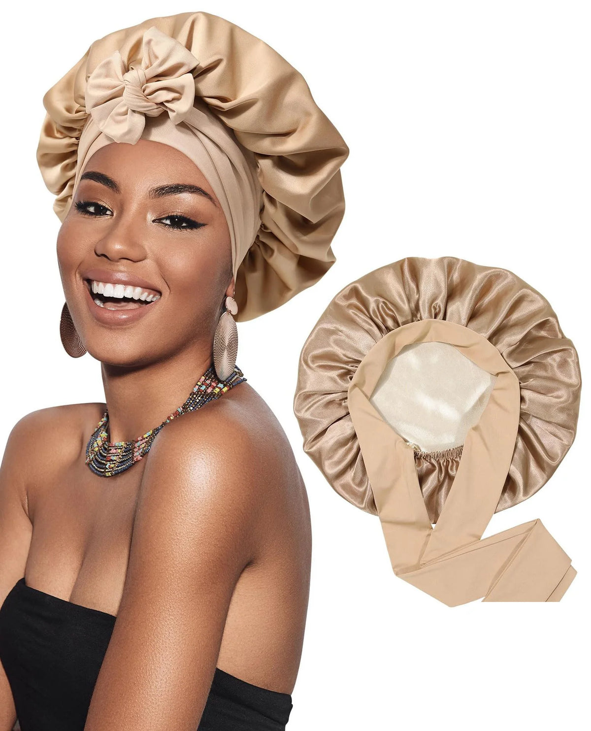 Una mujer modela un gorro de cabello satinado de doble capa y un pañuelo a juego en color beige.