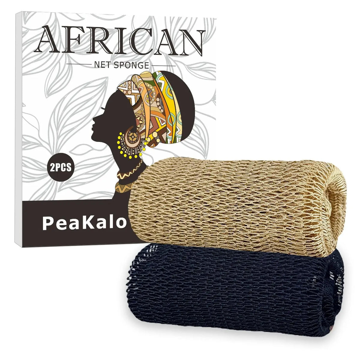 A package of African Net Sponge loofahs, including a decorative head design and a bundle of natural exfoliating sponges.